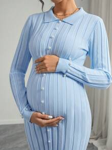 SHEIN Women Fitted Waist Pearl Button Cuff Maternity Solid Color Long Sleeve Knee-Length Sweater Dress, Suitable For Daily Commute And Dates - Blue - View 7