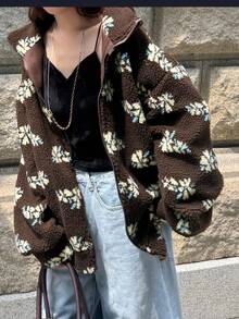 FRIFUL Women's Thermal Lined Brown Base Allover Floral Print Stand Collar Drop Shoulder Long Sleeve Drawstring Hem Zip Up Loose Casual Versatile Regular Jacket, Autumn Women Coats - Multicolor - View 3