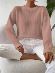 EMERY ROSE Women's Casual Everyday Commute Simple Solid Color Drop Shoulder Loose Knit Sweater, Autumn/Winter - Coral Pink - View 6