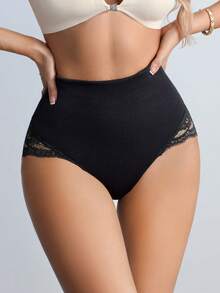 SHEIN 1 chiếc quần định hình cạp cao phối ren gân gợi cảm và thoải mái cho nữ - màu đen - Xem 2