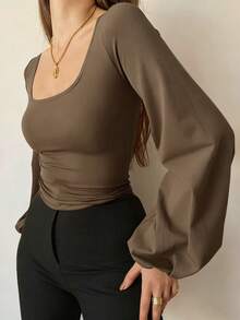 Cévolie Women's Solid Color Sexy Fitted Square Neck Lantern Sleeve Top, Tea Color - Brown - View 3