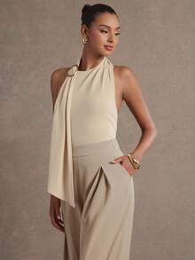 L'Amorae Women's Y2K Metal Decor Ribbon Design Fitted Fashionable Halter Top - Khaki - View 4