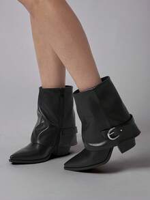 Solezae 魅力女士折叠扣带黑色仿皮 PU 战斗中筒短靴舒适秋冬假日鞋 - 黑色 - 查看 5