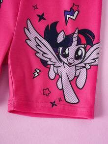 My Little Pony X SHEIN 年轻女孩夏季休闲可爱卡通独角兽印花宽松T恤和自行车短裤套装