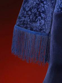 Glisette 女士纯色V领长袖流苏喇叭袖鱼尾连衣裙，秋冬款 - 藏蓝色 - 查看 4