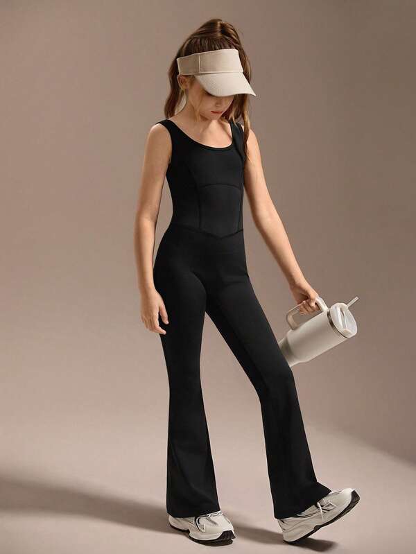 SHEIN Macacão Skinny Preto para Meninas Pré-Adolescentes, Tecido de Alta Elasticidade na Moda, Caimento Elogioso, Para Exercícios, Uso Casual Diário