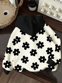 SHEIN Sweat-shirt à capuche en tricot à manches longues, coupe ample et confortable, imprimé floral contrastant super mignon, style Y2K, citywalk, streetwear, adapté à l'automne/hiver, vintage streetwear, été, confort facile, couches d'automne, élégant, décontracté, graphique, rentrée scolaire, homecoming, adapté pour le pique-nique en plein air, la photographie de rue, la maison, le campus - Multicolore - Voir 2