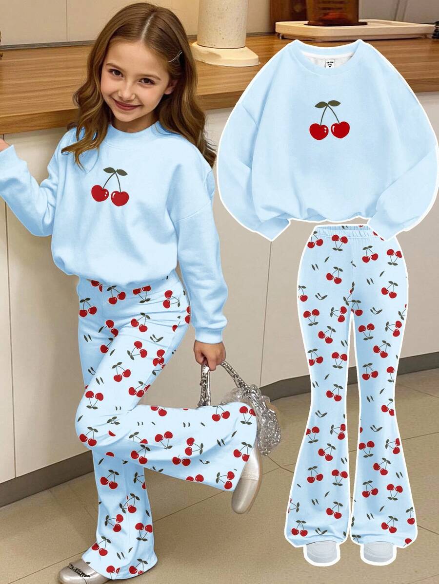 SHEIN Leap Crew Cute Mini Cherry Print, Tween Girls Knit Crew Neck Letter Graphic Loose Sweatshirt And Flare Pants Casual 2 Pieces Set - Multicolor - View 1