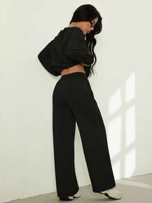 SHEIN PETITE 2pcs/Set Women Casual Numeric Print Long Sleeve Top And Long Pants Set,Cozy Fall And Winter Clothes For Women - Black - View 2