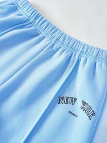 SHEIN 2pcs Women Set, Autumn/Winter New, Light Blue Stand Collar Zip-Up Hoodie, Matching Long Sleeve Sweatpants With Ribbed Cuffs, MEW YORK REOOKLYN Letter Print, Comfortable Casual, Mother-Daughter Matching - Baby Blue - View 6