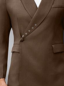 Calvornis 男士纯色翻领长袖金属孔眼设计休闲商务正装西装外套 - 棕色 - 查看 2