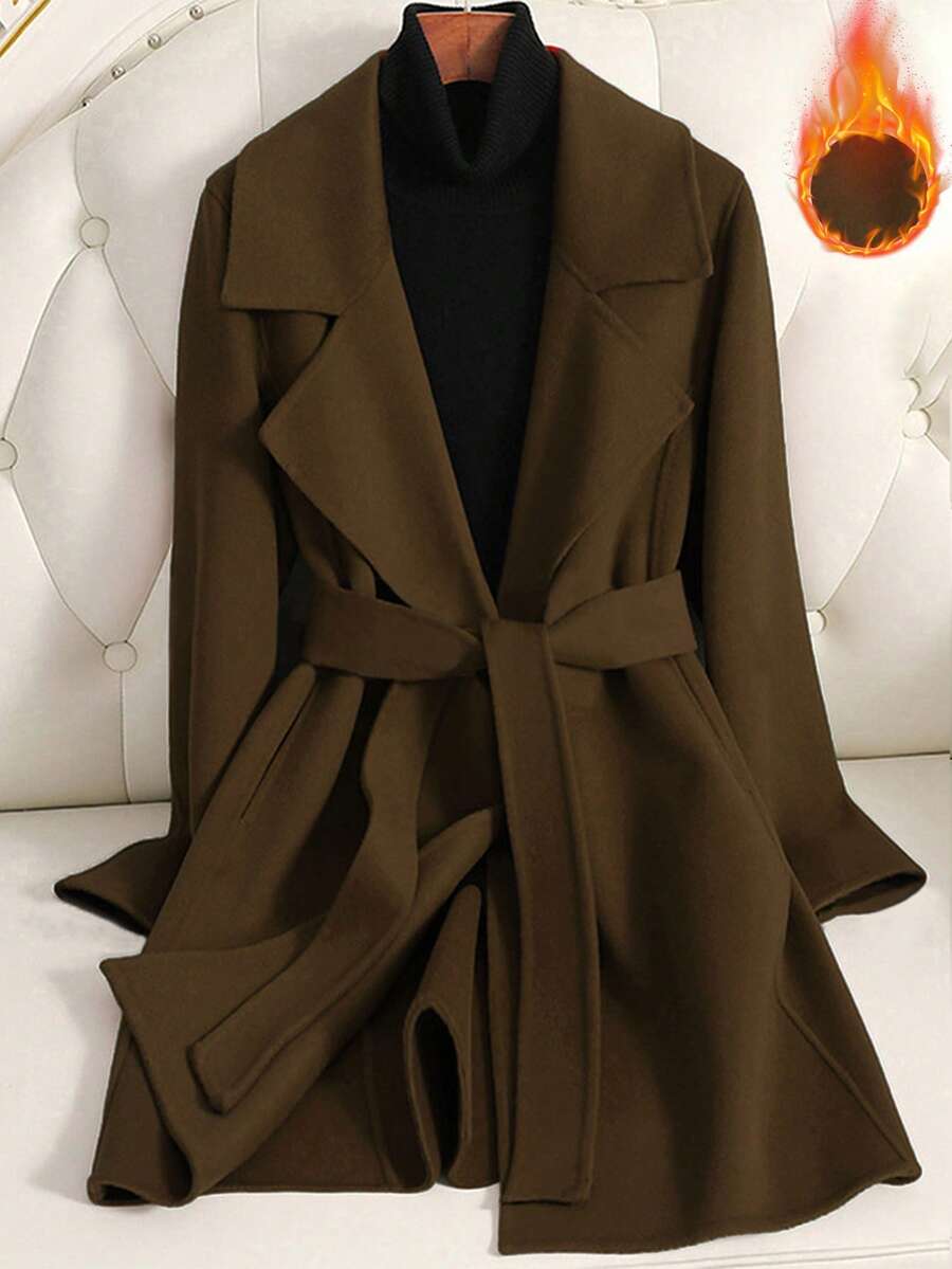 EMERY ROSE Women Solid Color Waist Belt Elegant Long Sleeve Overcoat, Autumn/Winter Black Coat Women - Coffee Brown - View 1