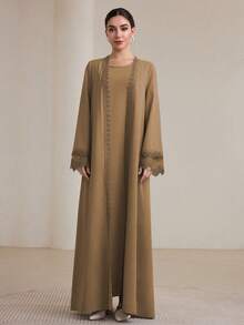 Graceveil Bộ 2 váy dài truyền thống dành cho nữ và áo khoác Abaya khiêm tốn - Màu Khaki - Xem 7