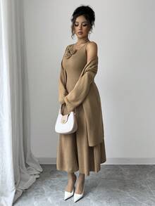 SHEIN Elenzya 2件套粗针织开衫连衣裙套装 - 卡其色 - 查看 4