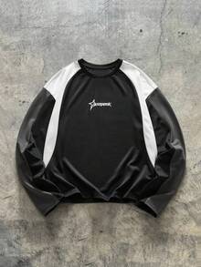 AXEPEAK Men Letter Print Contrast Color Round Neck Casual Loose Long Sleeve T-Shirt, Fall