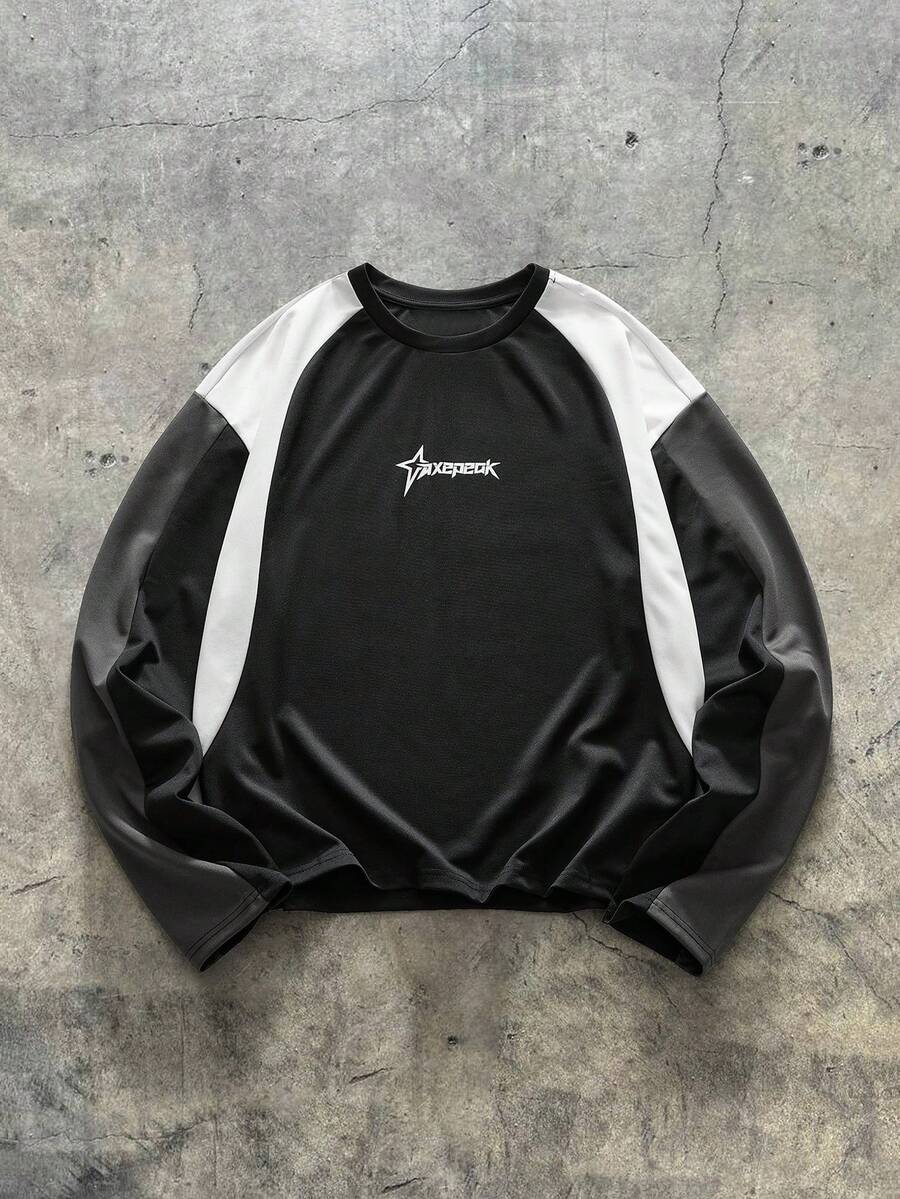 AXEPEAK Men Letter Print Contrast Color Round Neck Casual Loose Long Sleeve T-Shirt, Fall