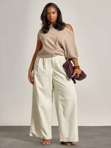 MUSERA 加厚牛仔褶裥细节阔腿卷边牛仔裤，冬季，酷女孩，舒适，日常穿着 - 白色 - 查看 1