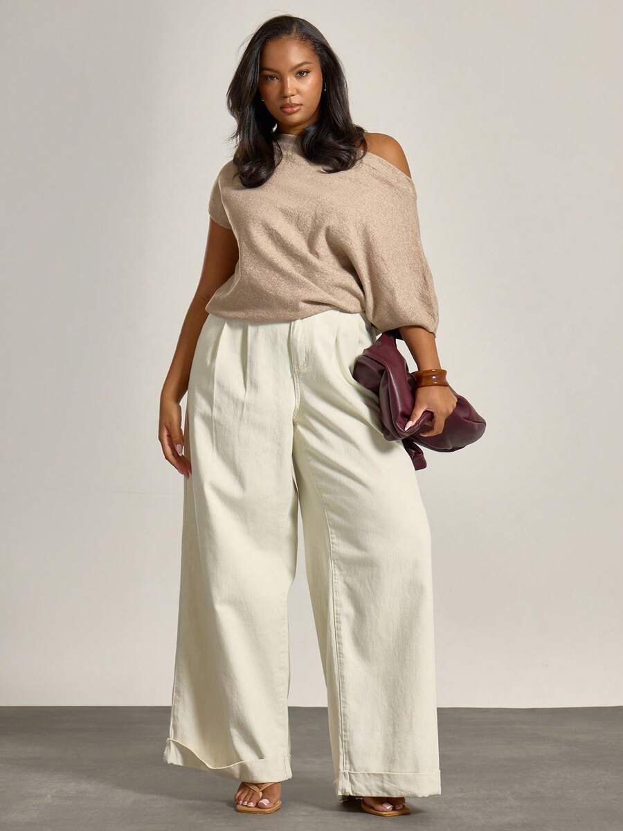 MUSERA 加厚牛仔褶裥细节阔腿卷边牛仔裤，冬季，酷女孩，舒适，日常穿着 - 白色 - 查看 1