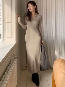 DAZY 女式高领收腰修身长袖流苏下摆毛衣裙 - 杏色 - 查看 3