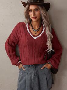 LanaWest Casual Contrast Color Trim Raglan Sweater, Autumn/Winter - Redwood - View 6