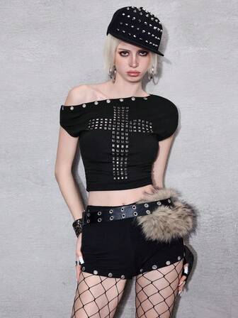 ROMWE Avant Damen Mode Set aus asymmetrischem Kragen Crop Top mit Kreuz-Strass und Shorts, 2 Stücke