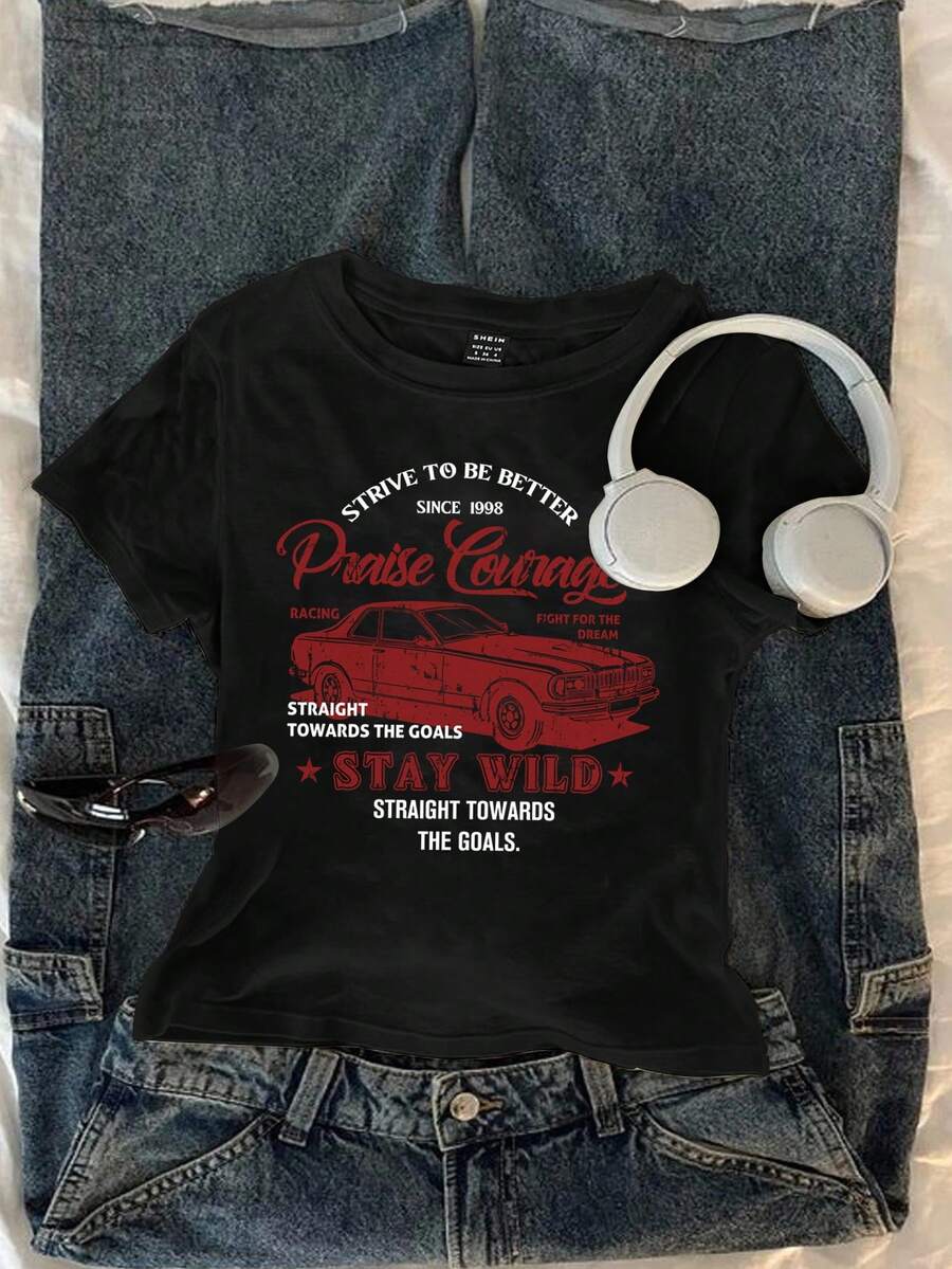 Attitoon Camiseta de manga corta con cuello redondo ajustada con gráfico de letra de coche de estilo vintage retro para mujer, adecuada para el verano - Negro - Ver 1