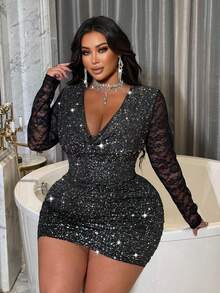 Flirla Romantisches Kleid in Große Größen mit drapiertem Ausschnitt, Kontrastspitze und anliegenden Ärmeln, geeignet für Partys, Weihnachtspartys - Schwarz - Übersicht 6