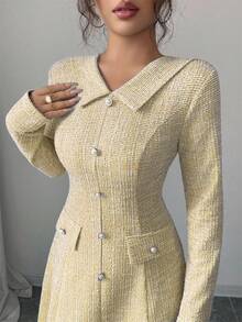 Elenzga 女式纹理面料 V 领荷叶边领 A 字中长连衣裙，腰部收紧，金属珍珠纽扣装饰，优雅美观，适合教师装、约会、生日、感恩节、万圣节、秋冬 - 黃色 - 查看 6