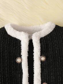 Young Girl Cute & Elegant Faux Pearl Decor Black & White Thickened Short Jacket And Mini Skirt Set For Autumn,7th Birthday Banquet Party Wool Coat - Black - View 9