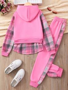 SHEIN Tween Girl Plaid Patchwork Hoodie And Pants Set - Pink - View 2