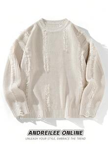 Chillumni Solid Color Casual Crew Neck Sweater For Men, Suitable For Everyday Wear Men Knit Sweater Frayed Knit Sweater Distressed Sweater Waffle Knit Sweater Knitwear Back To School Long Sleeve Knit Sweater Distressed Sweater Men Streetwear Men Cream Sweater , Fall Winter