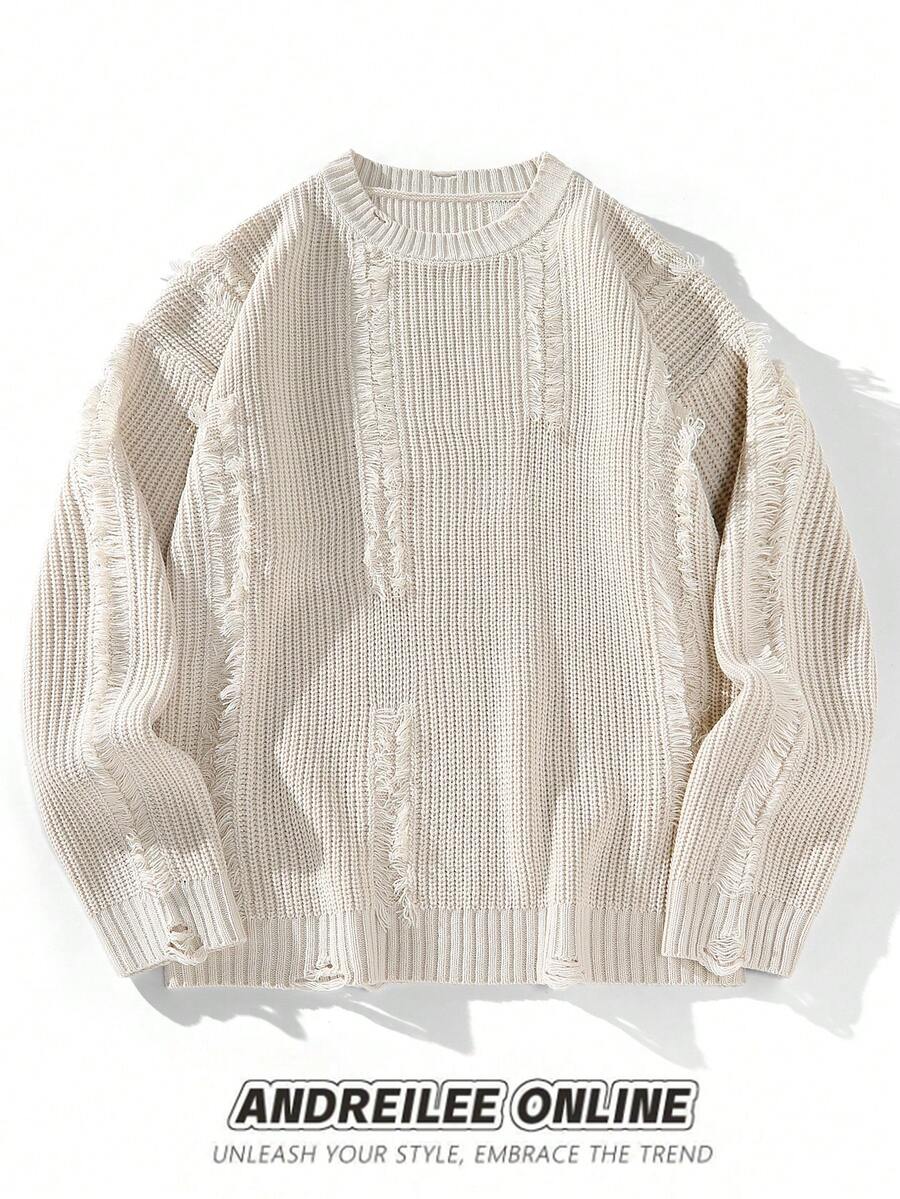 Chillumni Solid Color Casual Crew Neck Sweater For Men, Suitable For Everyday Wear Men Knit Sweater Frayed Knit Sweater Distressed Sweater Waffle Knit Sweater Knitwear Back To School Long Sleeve Knit Sweater Distressed Sweater Men Streetwear Men Cream Sweater , Fall Winter