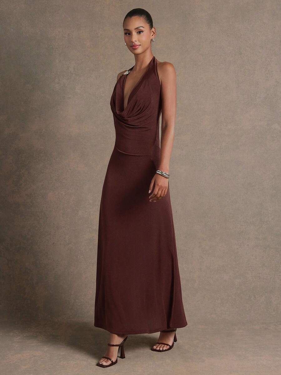 L'Amorae 树脂装饰露背紧身长裙，适合生日派对夜晚外出 - 棕色 - 查看 1