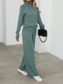 EMERY ROSE 2pcs/Set Women Solid Color Casual Long Sleeve Sweater Top And Pants - Dusty Blue - View 5