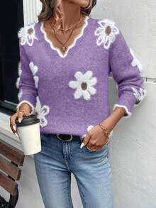 EMERY ROSE Women's Elegant Floral Pattern Lace Trim Sweater, Autumn/Winter - Purple - View 6