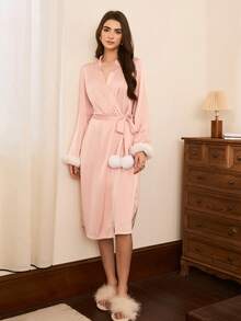 Moireta Elegant French Palace Style Pink Patchwork Fringed Women's Robe Night Gown Women Set Home Wear Women Pink Silk Pajamas Set Pajamas Gown For Woman Sleep Wear Women Silk Sleepwear Women Silk Pajamas Gown For Women Winter And Fall Vintage