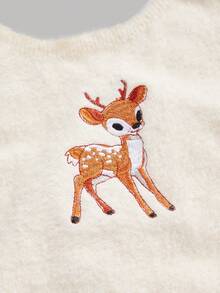 ROMWE Kawaii 2pcs Fall & Winter Outfits: Cute Deer Embroidered Fuzzy Halter Vest & Knit Sweater Set For Women - Beige - View 5