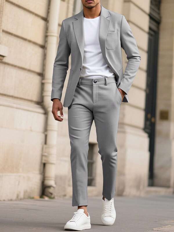 Manfinity Mode Men's Light Gray V-Neck Casual Suit Set, Spring/Summer Men Suit Set Grey Men Casual Suit Men Outfit 2 Piece Men Dressy Set Grey Suit Men