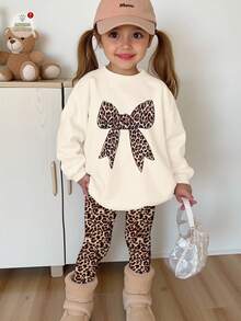 SHEIN Happikins 2pcs/Set Young Girl Vintage Leopard Print Bow Decor Sweatshirt And Leggings,Autumn School Back-To-School Outfit,Streetwear Fall/Winter Set - Multicolor - View 1