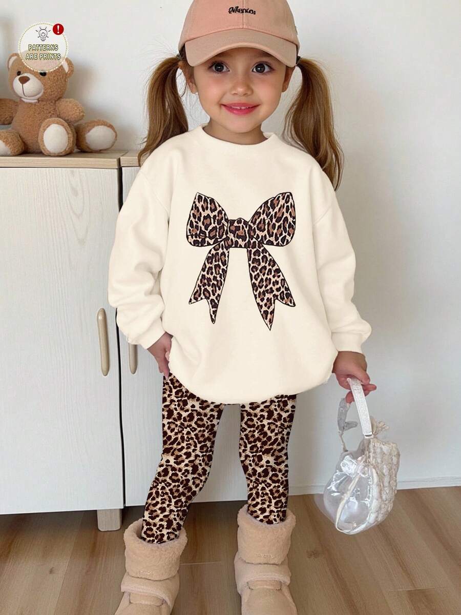 SHEIN Happikins 2pcs/Set Young Girl Vintage Leopard Print Bow Decor Sweatshirt And Leggings,Autumn School Back-To-School Outfit,Streetwear Fall/Winter Set - Multicolor - View 1