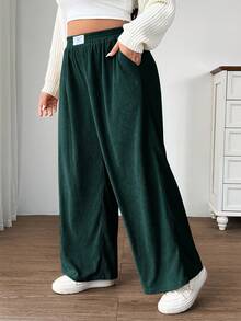 SHEIN EZwear 大码女式高腰宽松灯芯绒裤，带口袋和贴片设计，适合校园、日常穿着和室内工作，秋冬季，深绿色 - 墨綠色 - 查看 4