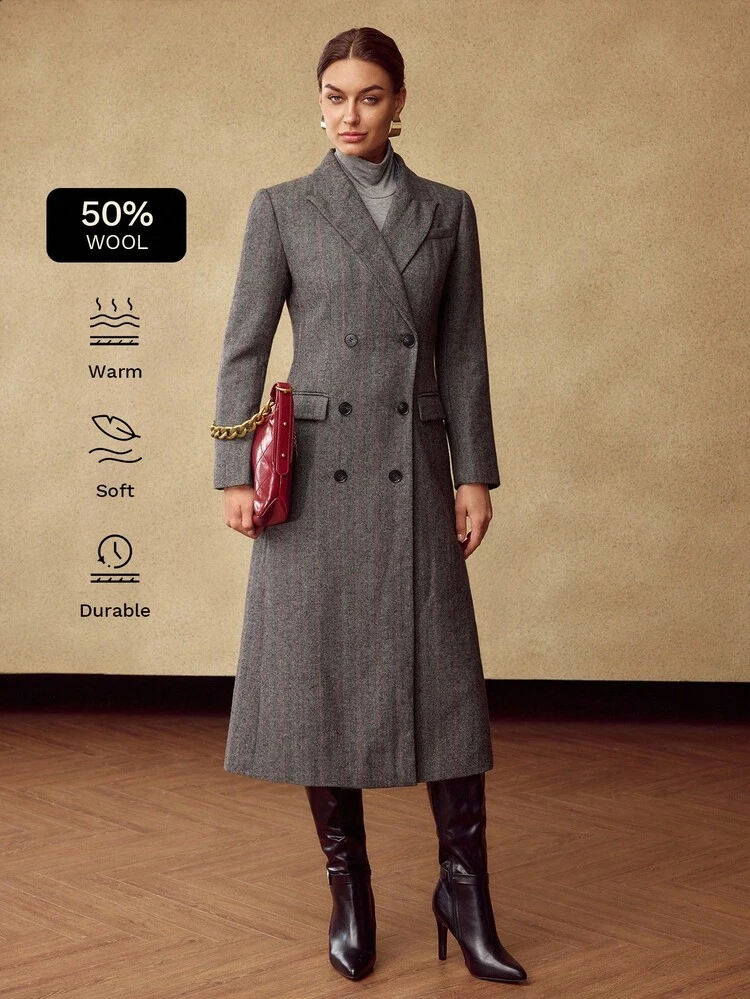 WOMEN'S WOOL HERRINGBONE DOUBLE BREASTED OVERCOAT