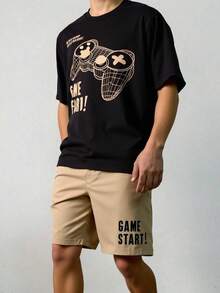 SHEIN 2 件套青少年男孩休闲电子游戏图案印花 T 恤和短裤套装，夏季服装，棉质