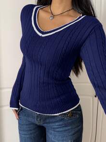 SHEIN EZwear 女式休闲拼色饰边 V 领套头衫，秋季 - 寶藍色 - 查看 4