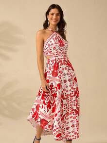 CAJUNI 女士度假休闲沙滩热带印花露背系腰夏季长裙，长款，中长款，夏季长裙，夏季，农场风格，红色。 - 彩色 - 查看 3