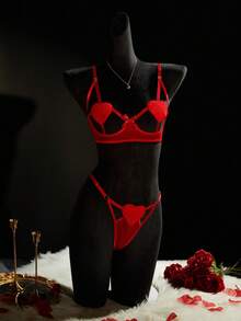 SpicyHot 2 件圣诞辣味蝴蝶结心形镂空文胸和内裤套装，女士性感内衣 - 紅色 - 查看 3