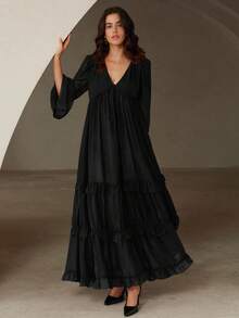 Arave Vestido con manga larga acampanada, cuello en V profundo, volantes y dobladillo con volantes en capas, de gasa color rojo ladrillo, estilo bohemio reversible para mujer - Negro - Ver 5