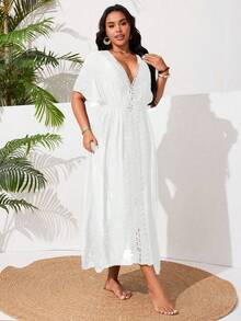 Swim Vcay Plus Size Women's Casual Vacation Beach Dress With Side Slit And Lace Patchwork