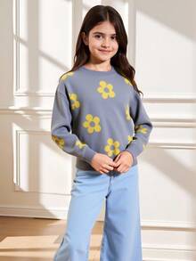 SHEIN 秋冬款女童花卉图案圆领长袖毛衣 - 霧霾藍 - 查看 3