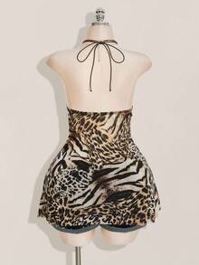 SHEIN ICON Áo ba lỗ nữ họa tiết da báo Y2K cổ yếm lưới vá bất đối xứng cỡ lớn - Nhiều màu - Xem 2